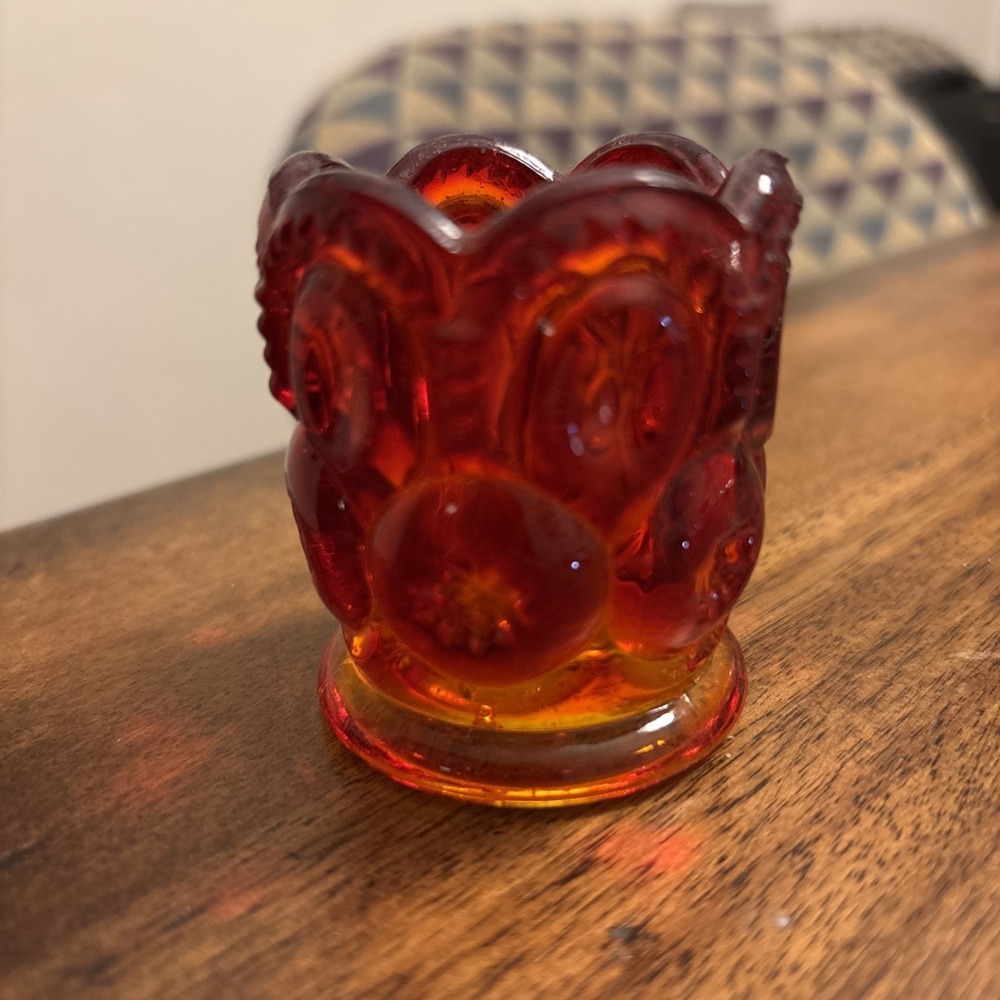Vintage L.E. Smith Amberina Glass Moon & Stars Toothpick Holder Fall Colors Red